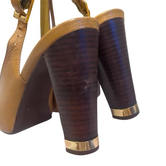 Tory Burch Tan Gold Peep-Toe Slingback Heels Size 7.5 - Picture 7 of 11